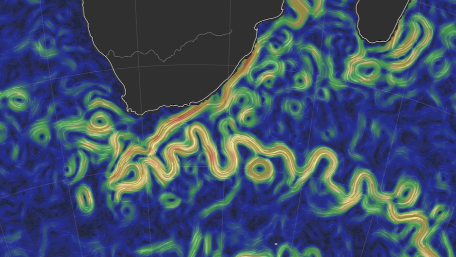 Agulhas ocean currents on Feb 11, 2018. (From OSCAR v2.0, distributed by NASA JPL, generated by Earth and Space Research, and visualized by earth.nullschool.net)