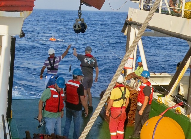 The research team aboard the R/V Algoa in 2016 deploying moorings in the Agulhas Current. (University of Miami)