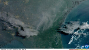 A satellite image of two major fires, the Pineland Road Fire and the Brantley Highway 82 Fire, burning in southern Georgia on April 24. (GOES imagery: CSU/CIRA & NOAA, Public domain, via Wikimedia Commons)
