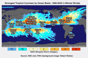 Strongest tropical cyclones by ocean basin, 1980-2026, using ratings from NHC and JTWC. Yale Climate Connections, Background image credit: Robert Rhode)