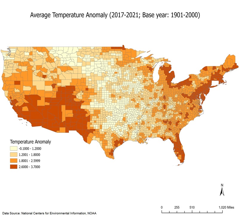 Average temperature anomaly, 2017-2021; Base year: 1901-2000 (Data source: National Centers for Environmental Information, NOAA)