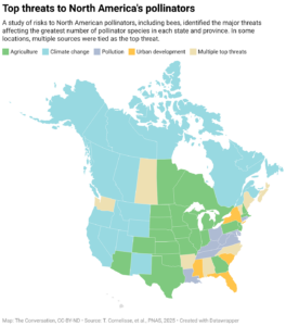 Top threats to North America's pollinators (Map: The Conversation, CC-BY-ND; Source: T. Cornelisse, et al., PNAS, 2025)