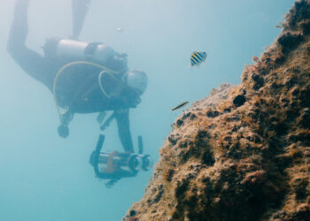 Shelby Thomas using a photogrammetry device to collect monitoring data for ORAI and city of Hollywood’s artificial reefs benthic growth and recruitment. Research and robots are in partnership with the University of Florida. (Photo credit: Ricardo Nascimento)