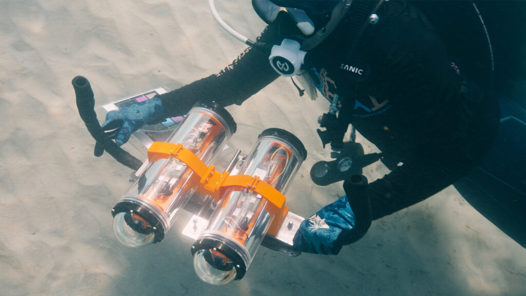 Shelby Thomas using a photogrammetry device to collect monitoring data for ORAI and city of Hollywood’s artificial reefs benthic growth and recruitment. Research and robots are in partnership with the University of Florida. (Photo credit: Ricardo Nascimento)