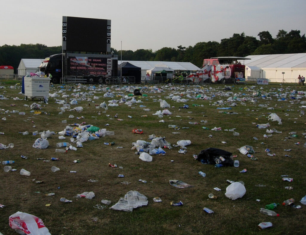 Trash left at an outdoor watch party for a game involving England soccer team in the 2006 World Cup. (Hugh Venables, CC BY-SA 2.0, via Wikimedia Commons)