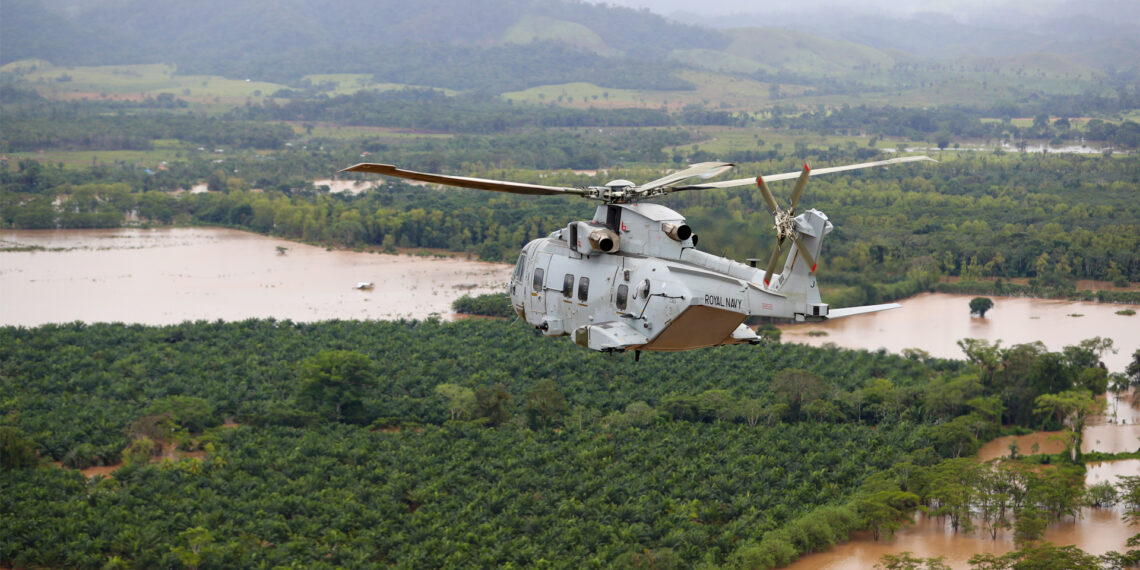A helicopter conducted aerial surveys over Honduras to gauge the damage from Hurricane Eta. (Robert Oates/MOD, OGL v1.0OGL v1.0, via Wikimedia Commons)