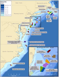A map of offshore wind lease areas shows how many companies have paid the U.S. to lease areas of ocean for offshore wind farms. A few wind farms off New England are already operating. The lease areas where the Trump administration used taxpayer money to persuade companies to drop their wind farm plans include two TotalEnergies leases – Attentive Energy, off New Jersey, and a lease area off South Carolina – and Bluepoint Wind, also off New Jersey. (U.S. Bureau of Ocean Energy Management)