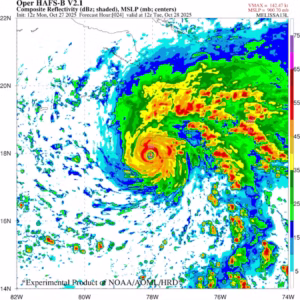 A HAFS radar forecast shows Hurricane Melissa as it approaches Jamaica in October 2025. The HAFS model performed well in forecasting the intensification and extreme strength of the Category 5 storm in the days leading up to its landfall in Jamaica. (NOAA/AOML/HRD)