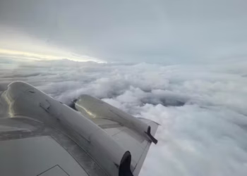 One of NOAA’s WP-3D Orion hurricane hunters, dubbed Miss Piggy, flies over Tropical Storm Idalia on Aug. 28, 2023. (Nick Underwood/NOAA)