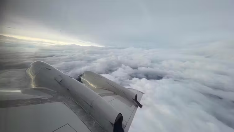 One of NOAA’s WP-3D Orion hurricane hunters, dubbed Miss Piggy, flies over Tropical Storm Idalia on Aug. 28, 2023. (Nick Underwood/NOAA)