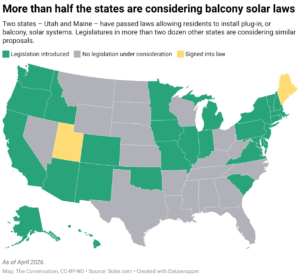 More than half the states are considering balcony solar laws (Map: The Conversation, CC-BY-ND; Source: Solar.com)