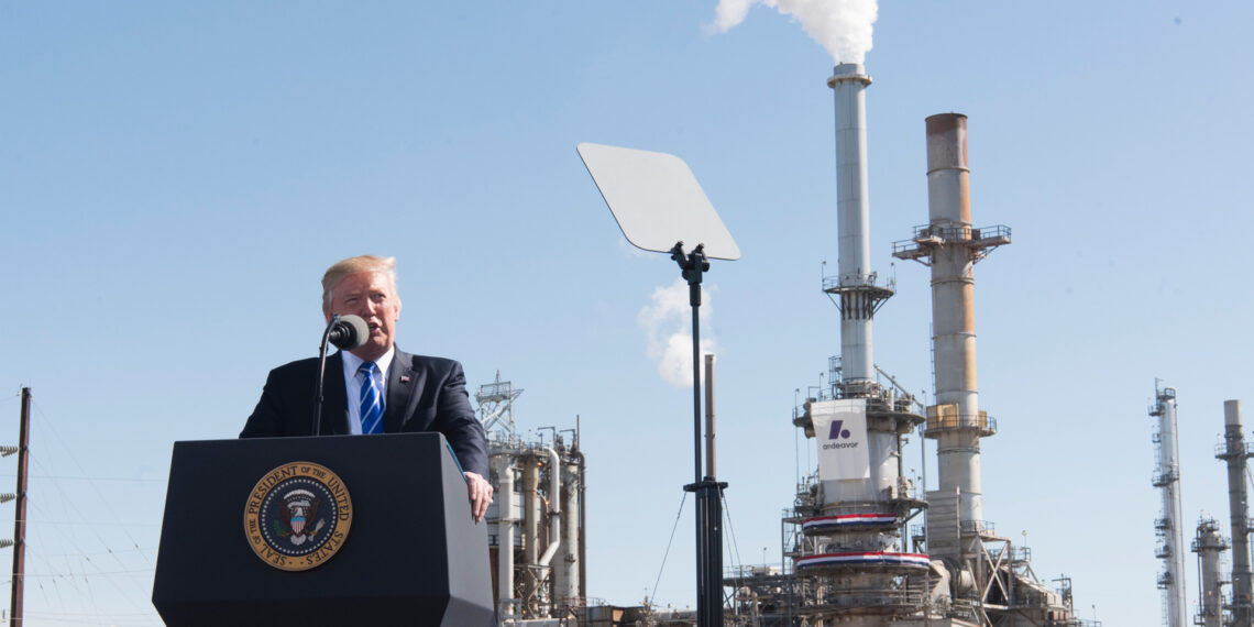 President Donald Trump speaks at Andeavor Refinery in Mandan, North Dakota, in 2017. (Official White House Photos by D. Myles Cullen, Public domain, via Wikimedia Commons)