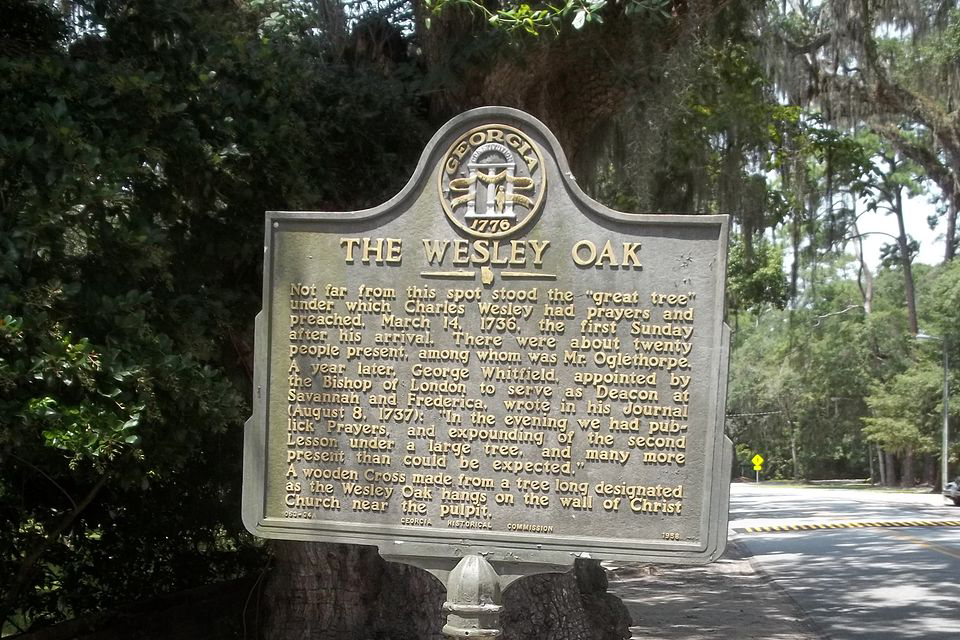 A historical marker near the location of the Wesley Oak in St. Simons, Georgia. Ebyabe, CC BY-SA 3.0>, via Wikimedia Commons