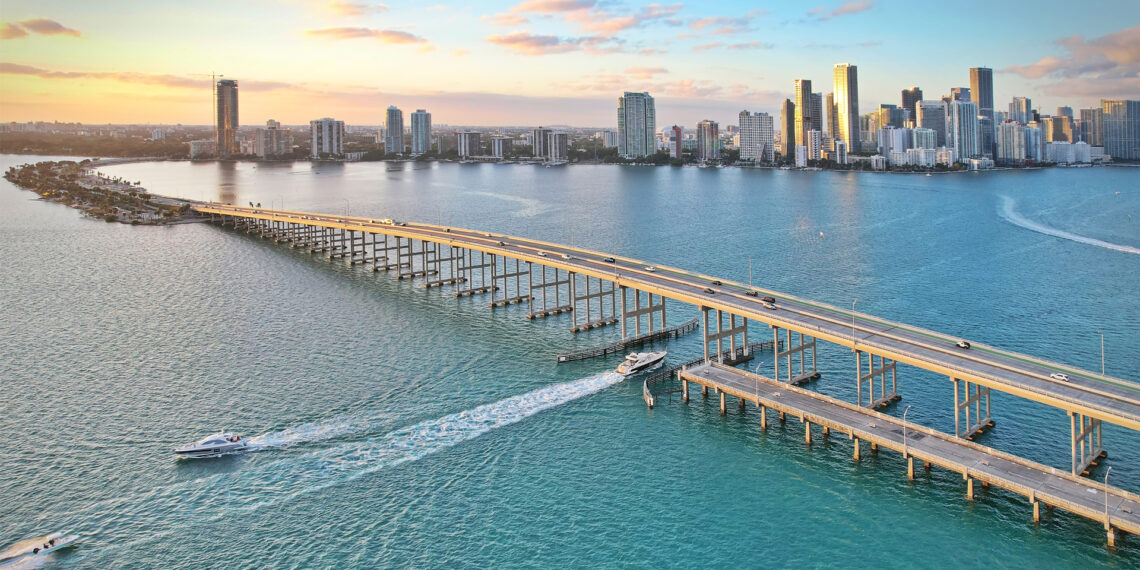 An aerial view of the Miami skyline at sunset from Biscayne Bay (iStock image)