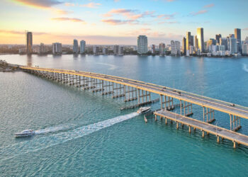 An aerial view of the Miami skyline at sunset from Biscayne Bay (iStock image)
