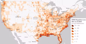A National Flood Insurance Program map shows the number of repetitive loss properties within a 5 kilometer radius as of 2023. The highest rates are along the Gulf and Atlantic coasts, as well in some inland river valleys. (FEMA with Esri, TomTom, Garmin, FAO, NOAA, USGS, EPA, USFWS)