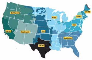 Seven major regional grid operators within the U.S. interconnections help manage power flows, electricity markets and reliability, typically across multistate regions, but they don’t cover all of the area. In large parts of the Northeast, Southwest and Southeast, independent utilities generate and transmit their own power without a formal power market structure. (Federal Energy Regulatory Commission)