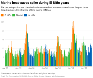 Marine heat waves spike during El Niño years (Chart: The Conversation/CC-BY-ND; Source: Dillon Amaya)