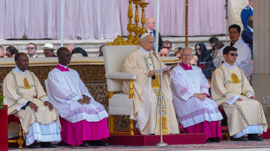 Pope Leo XIV gives the homily during his inauguration