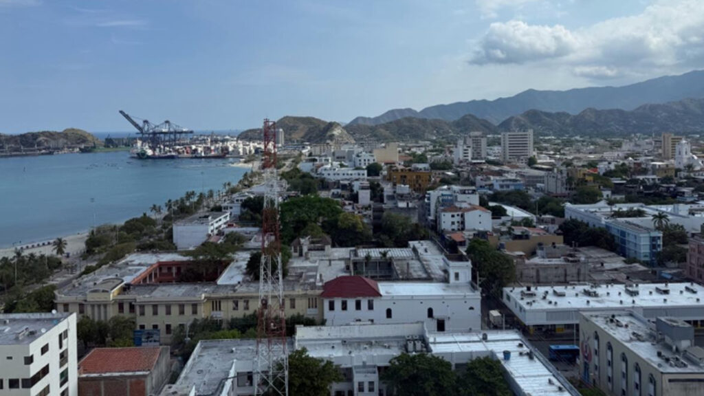 A view of Santa Marta’s coastline, port, downtown and surrounding hills on April 24. (Esteban Rodofili/Campus Climate Corps)